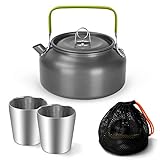 Set ceainic de camping Odoland de 1,2 litri cu 2 cesti, aparat de cafea usor din aluminiu pentru ceai cu 2 cesti din otel inoxidabil pentru drumetii, camping si picnic, geanta de transport